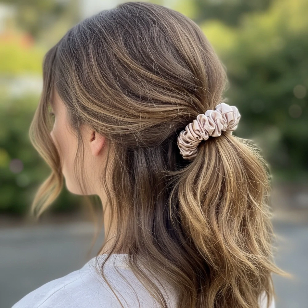 Saténová gumička do vlasů handmade – béžová scrunchie šetrná k vlasům